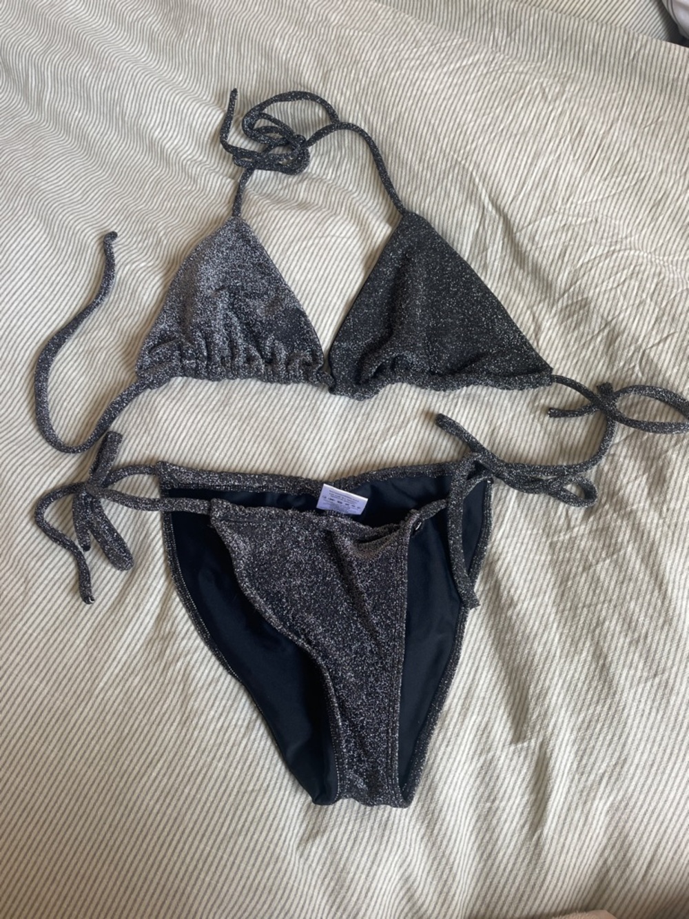 Glitter Black Tie-Side Triangle Bikini
